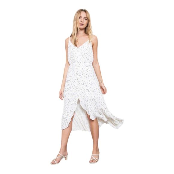 Rails NWT Frida Ivory Speckled Dot Drawstring Waist Flowy Ruffle Hem Midi Dress - Picture 1 of 16